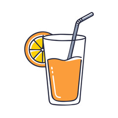 Glass of orange juice with lemon slice in flat style