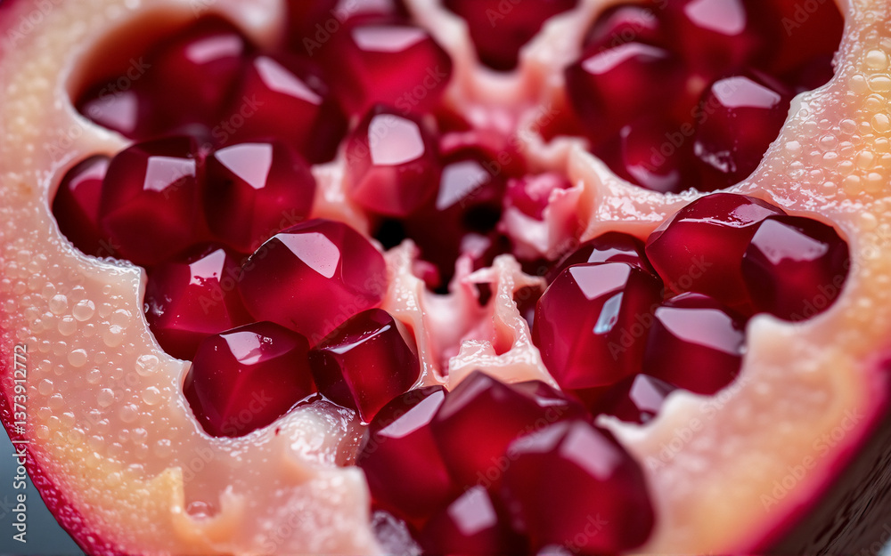 Poster a vibrant macro shot showcases a halved pomegranate, its ruby-red seeds glistening and nestled withi