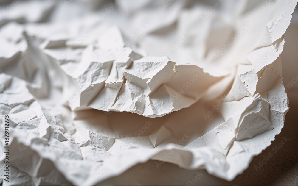 Fototapete close-up shows crumpled white paper with rough texture and sharp edges. light and shadow play across