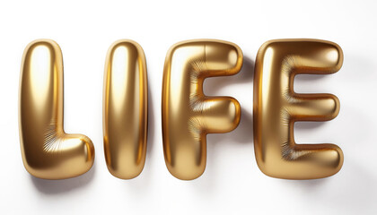 Ai Generated Gold Metallic Foil Capital Inflated Balloon Letters LIFE Quote against Transparent Background