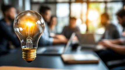 A glowing light bulb hovers in focus, symbolizing innovation and ideas, against a blurred backdrop of people collaborating in an office setting.