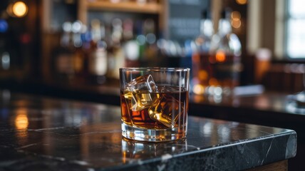 Elegant whiskey drink on a marble bar counter with a blurred background of a well-stocked liquor shelf