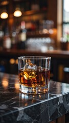 Classic whiskey cocktail served on the rocks at a cozy bar with a warm ambiance in the evening