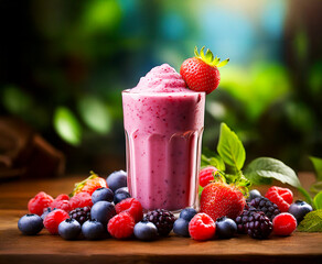 Berry smoothie in a glass with fresh strawberries, blueberries, and raspberries scattered on a rustic wooden surface. A vibrant and refreshing drink perfect for a healthy lifestyle.

