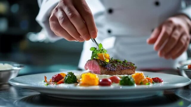 Chef plating a gourmet dish with fresh ingredients, modern cuisine and healthy eating