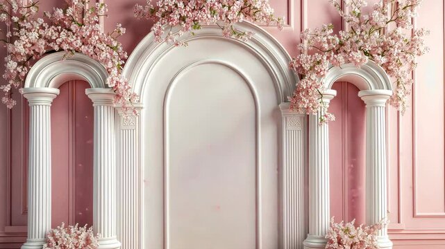 A wedding backdrop with flower arch in pink and white. v3