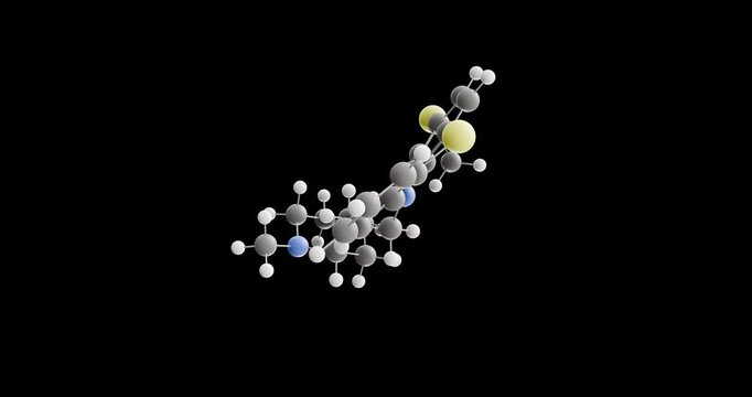 Thioridazine molecule, rotating 3D model of antipsychotic, looped video on a black background
