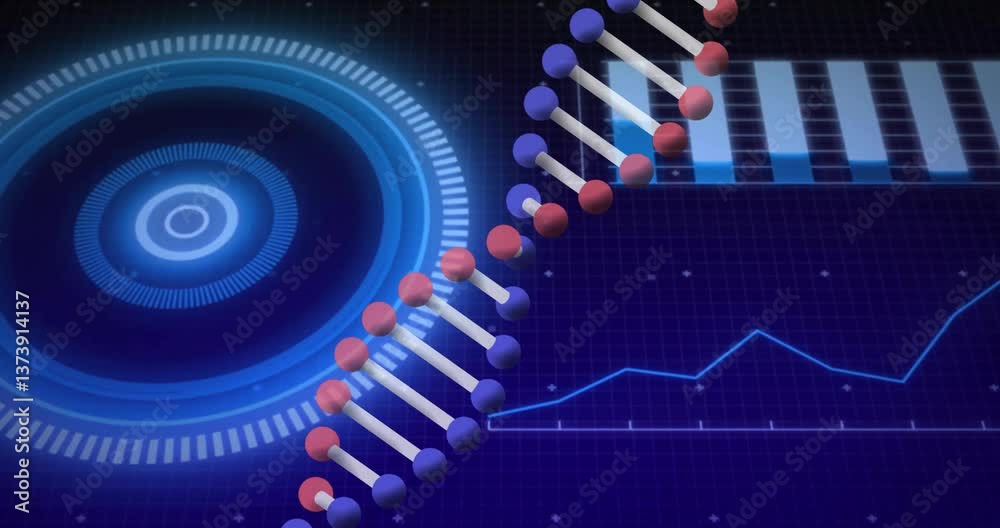 Poster processing scientific data, dna strand and binary coding in animation