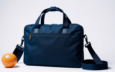 A navy blue briefcase with a shoulder strap and top handles is placed beside a small orange ball against a plain white backdrop.