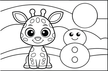Charming Cartoon Giraffe Outline with Snowman for Coloring Book Page