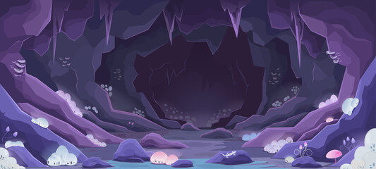 Rocky cave with stalactites and colony of glowing mushrooms and microorganisms. Underground world of nature, tunnel or passage in cave, adventure, exploration of environment. Vector cartoon.
