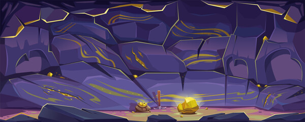 Rocky cave with gold ore. Gold nugget, miner's pickaxe, pouch of gold, gold mining. Underground world, nature and environment, exploration and adventure, game level. Vector cartoon illustration.