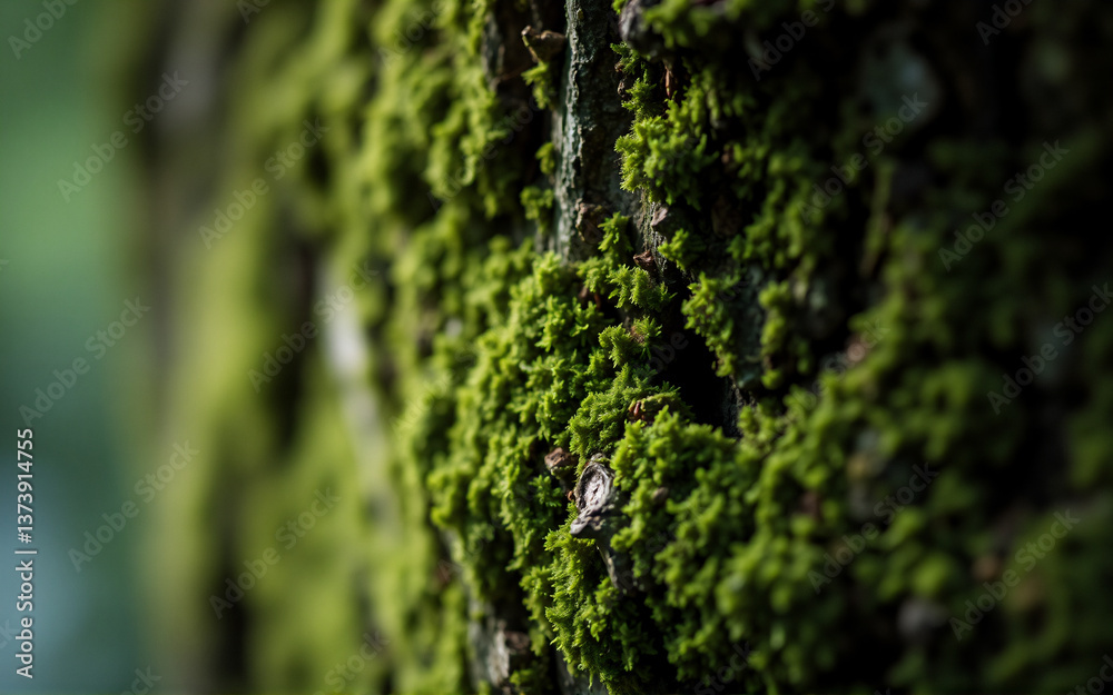 Poster a tree trunk is heavily covered with vibrant green moss, showcasing a textured surface in a close-up