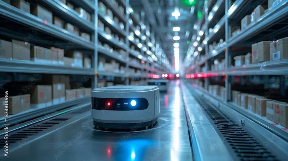 Poster a robot is actively moving along a well organized aisle in a warehouse, surrounded by neatly arrange
