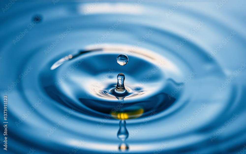 Poster a water droplet creates expanding ripples as it plunges into a serene pool of clear blue liquid, sho