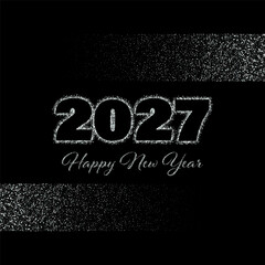 Poster design with text Happy New Year and Merry Christmas 2027 on black background with silver dust