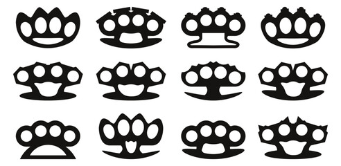 Brass knuckles icon collection in black. Set of brass knuckles silhouettes