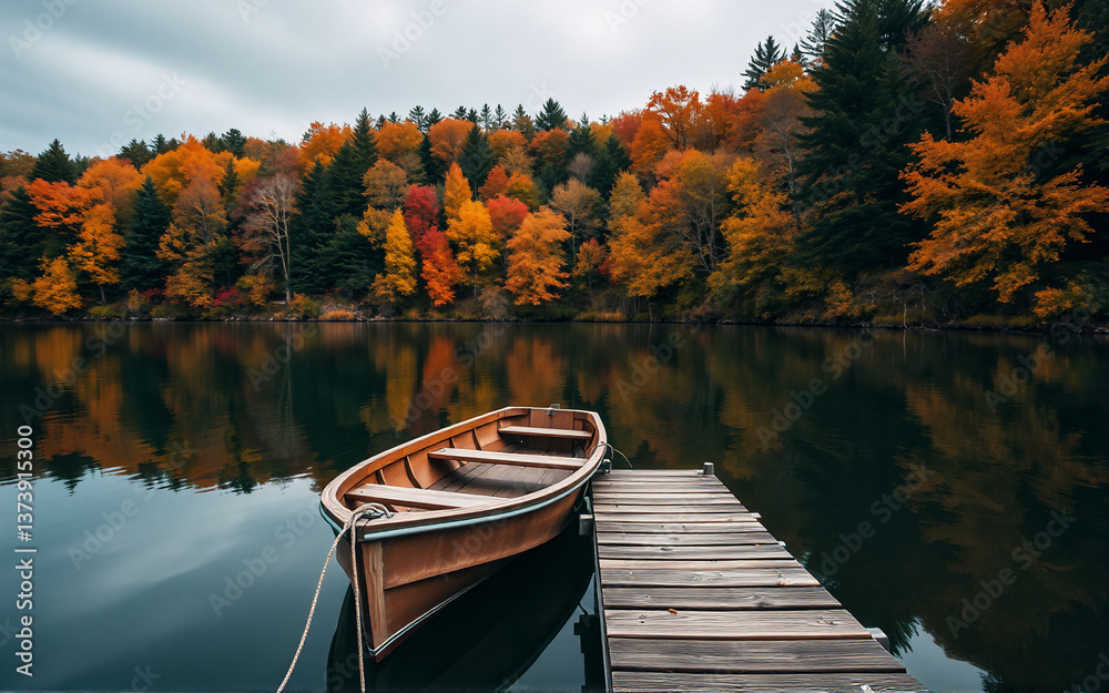 Poster a wooden boat is moored at a dock on a calm lake reflecting the vibrant autumn foliage of the surrou