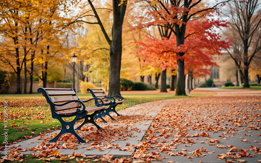 Aufkleber a peaceful autumn park scene with benches lining a path covered in fallen leaves. trees in warm yell