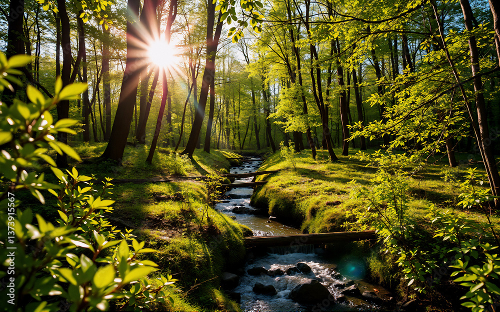 Poster a sunlit stream flows through a lush green forest with tall trees casting shadows. bright sunlight f