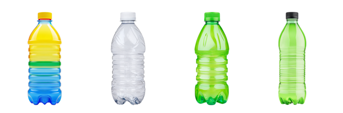 Assorted plastic bottles collection for juice water soda beverages reusable recyclable containers set of four transparent background