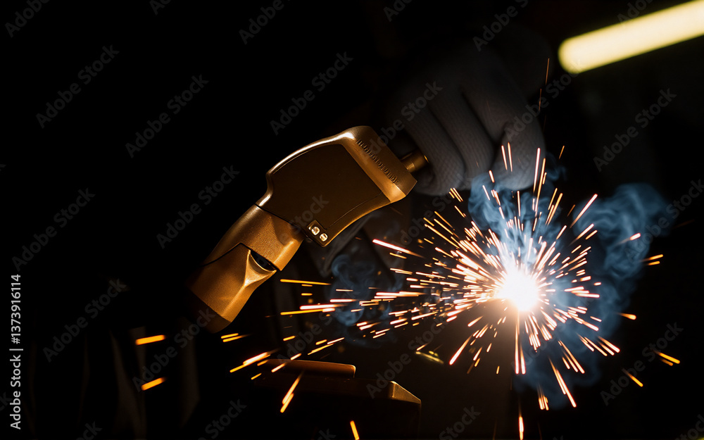 Poster welding torch in action, sparks fly in the dark, illuminating the industrial process of joining meta