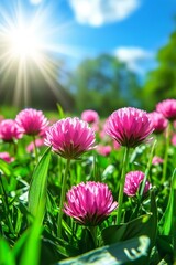 Obraz premium Vibrant Wildflower Meadow, Close-Up on Pink Blooms, Sunlit Field of Flowers, Springtime Nature