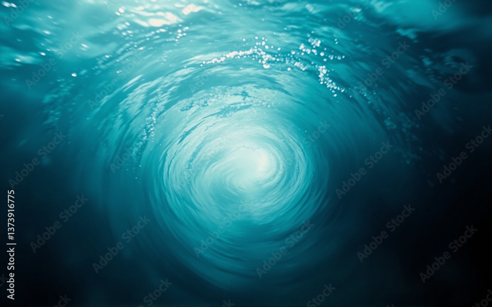 Poster Swirling turquoise water forms a vortex underwater with light emanating from the center, creating an abstract and mesmerizing scene of depth and motion.