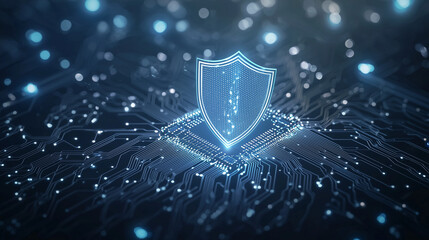 Digital Shield: Illustrating cybersecurity, this image showcases a glowing digital shield overlaid on a circuit board, representing protection of data.