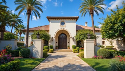 Fototapeta premium Elegant Mediterranean style home with beautiful landscaping, palm trees, and inviting walkway under a sunny sky. Luxury living at its finest.