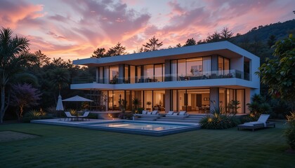 Elegant modern architecture meets the beauty of a sunset, highlighting the luxury of a secluded home with lush garden and pool.