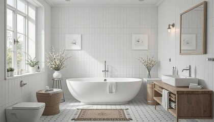 Serene, naturally lit bathroom with freestanding tub, white tile walls, and wood vanity for a spa-like, minimalist interior design.