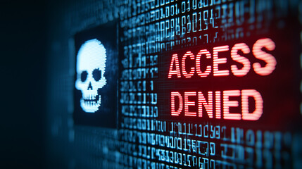 Access Denied: Depicting a digital warning of denied access, the image features a skull and the words "Access Denied" amidst a backdrop of binary code, symbolizing cyber security threats.