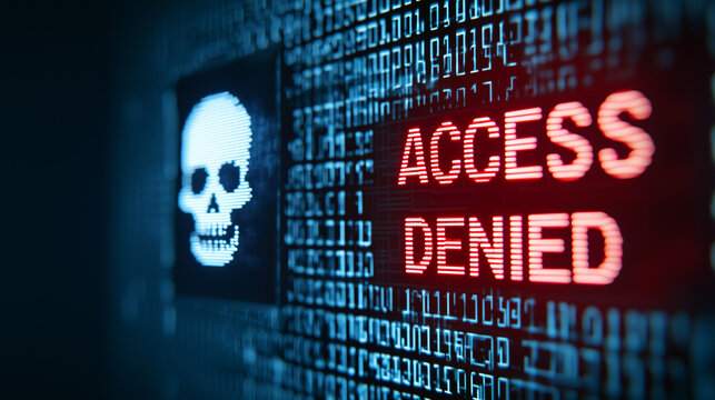 Access Denied: Depicting a digital warning of denied access, the image features a skull and the words "Access Denied" amidst a backdrop of binary code, symbolizing cyber security threats. - Powered by Adobe