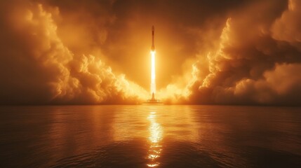 Vivid flames erupt from a rocket as it ascends into the atmosphere, surrounded by dense clouds and reflecting on the ocean's surface at night.