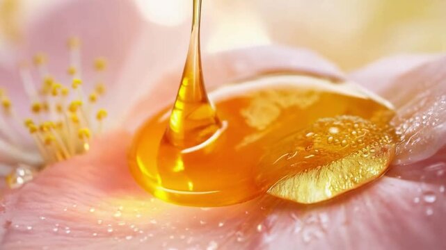 Macro shot of honey dripping on a flower petal, soft focus background, natural beauty concept