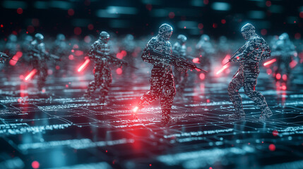 Cyber Soldiers in Digital Warfare: A futuristic depiction of a cybernetic army in active combat. Soldiers, rendered in digital patterns, brandish weapons within a data-rich battlefield environment.