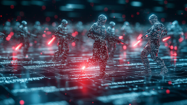 Cyber Soldiers in Digital Warfare: A futuristic depiction of a cybernetic army in active combat. Soldiers, rendered in digital patterns, brandish weapons within a data-rich battlefield environment.