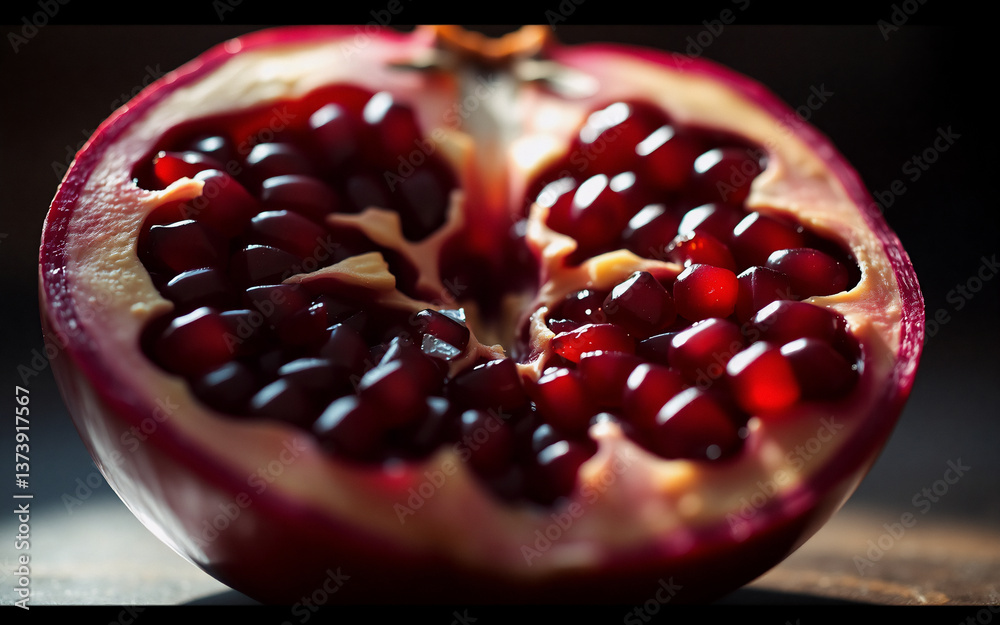 Poster a juicy halved pomegranate with bright red seeds is illuminated against a dark backdrop, showcasing 