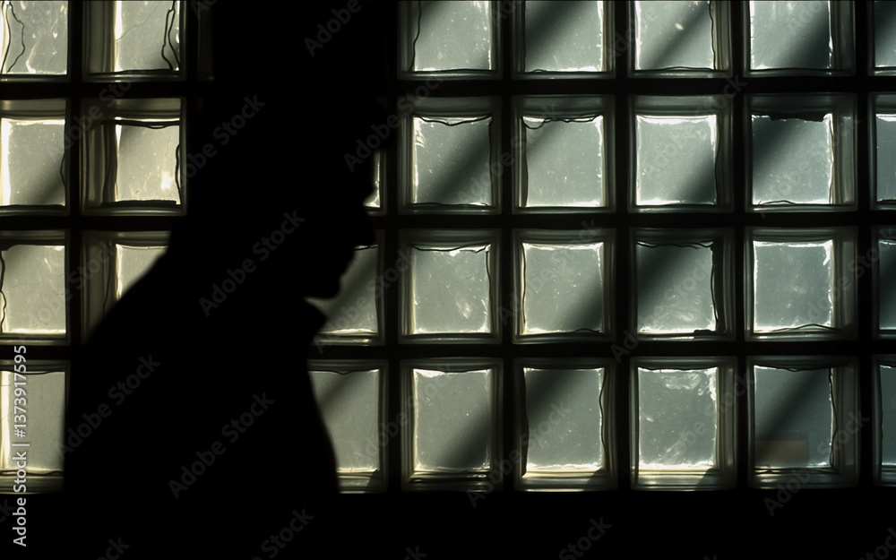 Aufkleber Person's dark outline stands near a glass block window. Sunlight filters through the textured blocks, creating contrasting shadows and light.