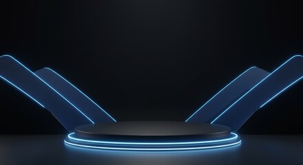 Futuristic product showcase stage with vibrant neon lighting and modern architectural design