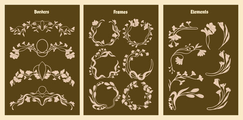 Art Nouveau floral frames, corners, and borders. Vector.