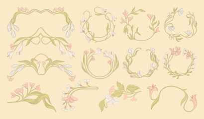 Art Nouveau floral frames, corners, and borders. Vector.