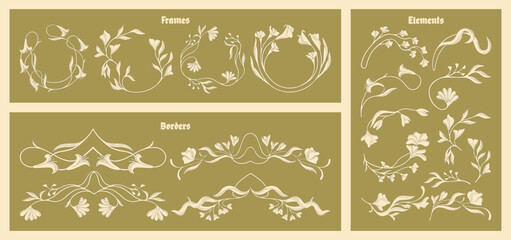 Art Nouveau floral frames, corners, and borders. Vector.