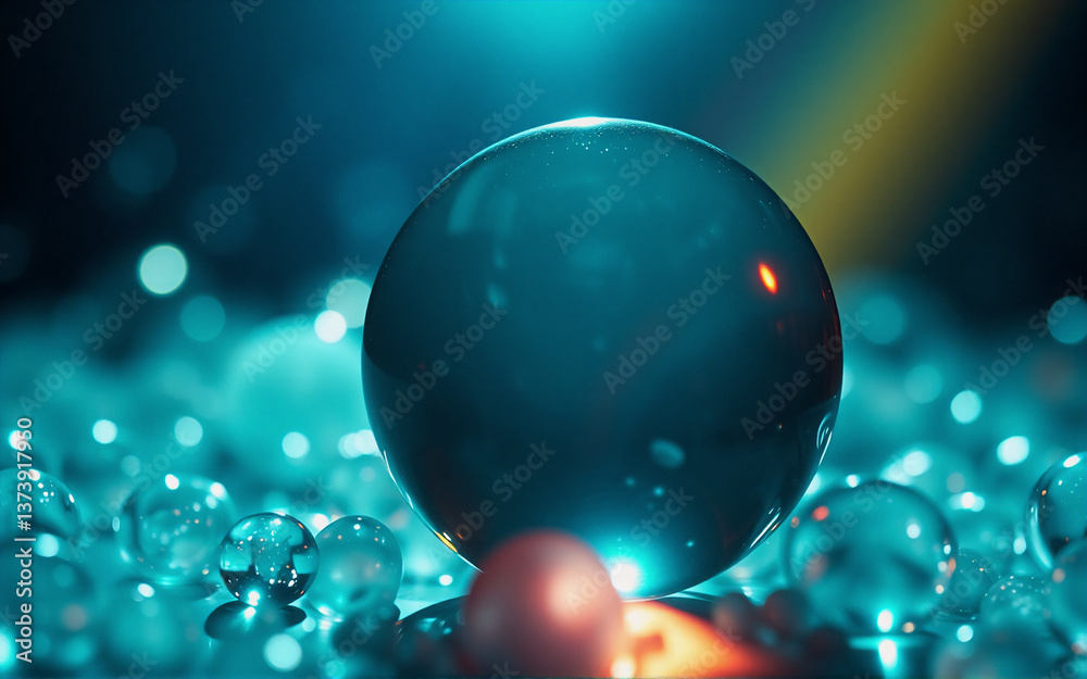 Poster a large dark blue sphere is the focal point, surrounded by smaller clear spheres. the scene is illum