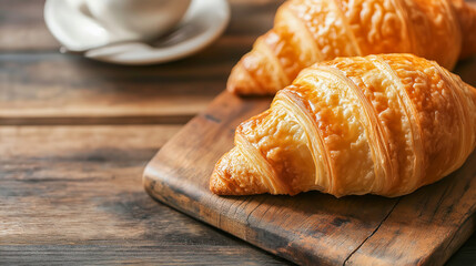 Freshly baked croissants on a wooden board beside a cup of coffee at a cozy cafe