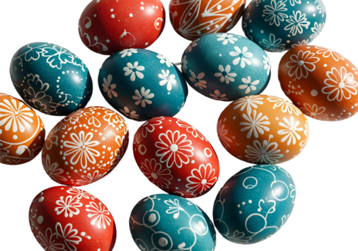 Overhead shot of Easter eggs decorated in bright, primary colors with whimsical white polka dots in transparent background