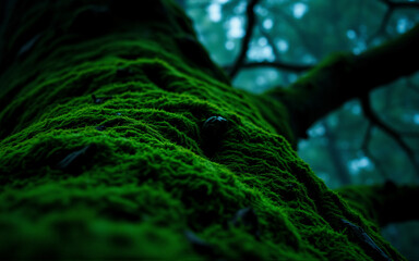 Lush green moss densely covers a tree trunk in a dark, moody forest. Low angle view looking upwards into the natural woodland scene.