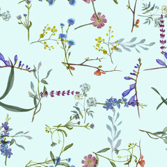 Seamless floral pattern with wild flowers, twigs and leaves painted with watercolor. Floral print for fabric, wallpaper.