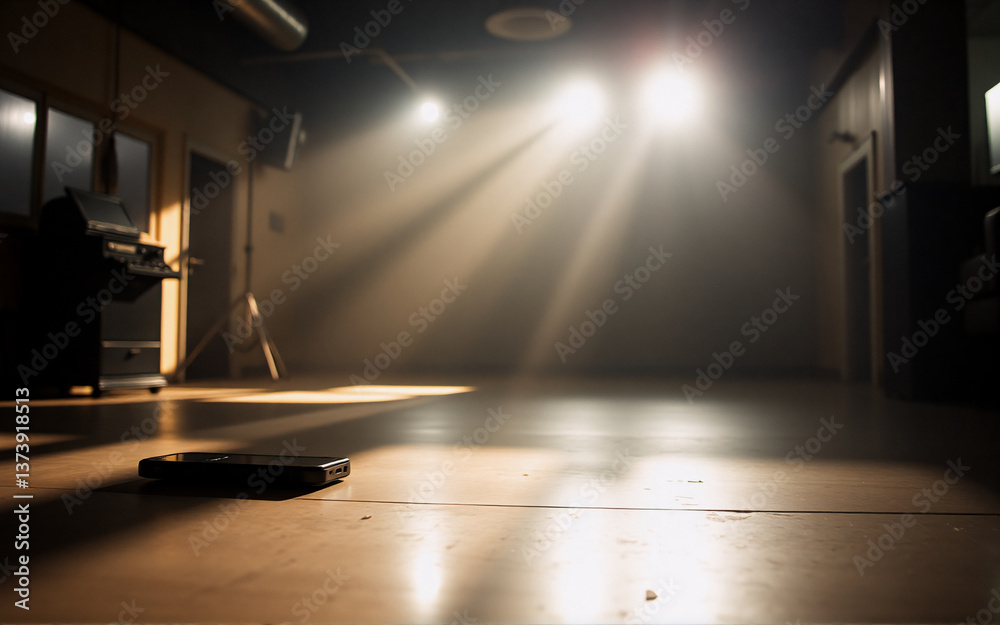 Fototapete empty room with spotlights creating bright beams and dramatic lighting, hazy air, and a dark object 